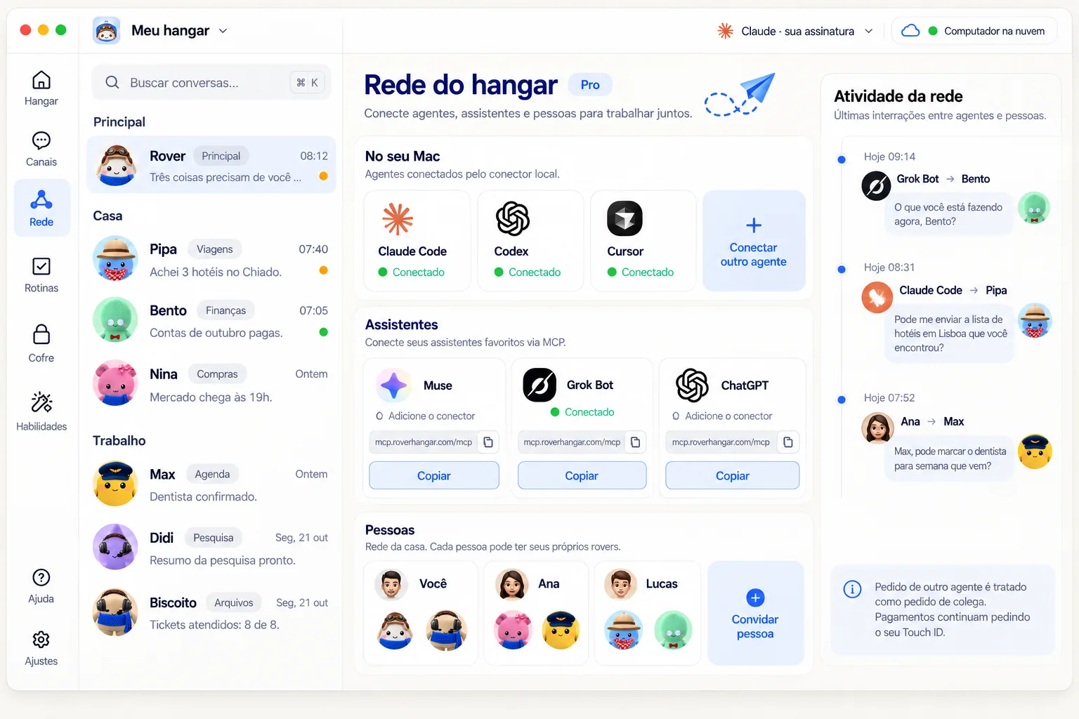 Schermata della Rete dell'hangar nell'app, con Claude Code, Codex, Cursor, Muse, Grok Bot, ChatGPT e le persone di casa